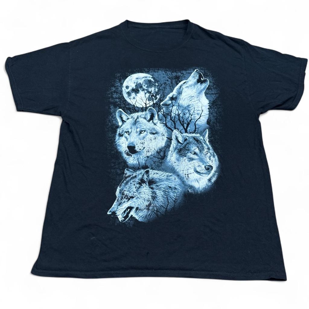 Vintage Y2K Wölfe T-Shirt für Erwachsene Größe L Schwarz Großer Print Logo Tier Natur