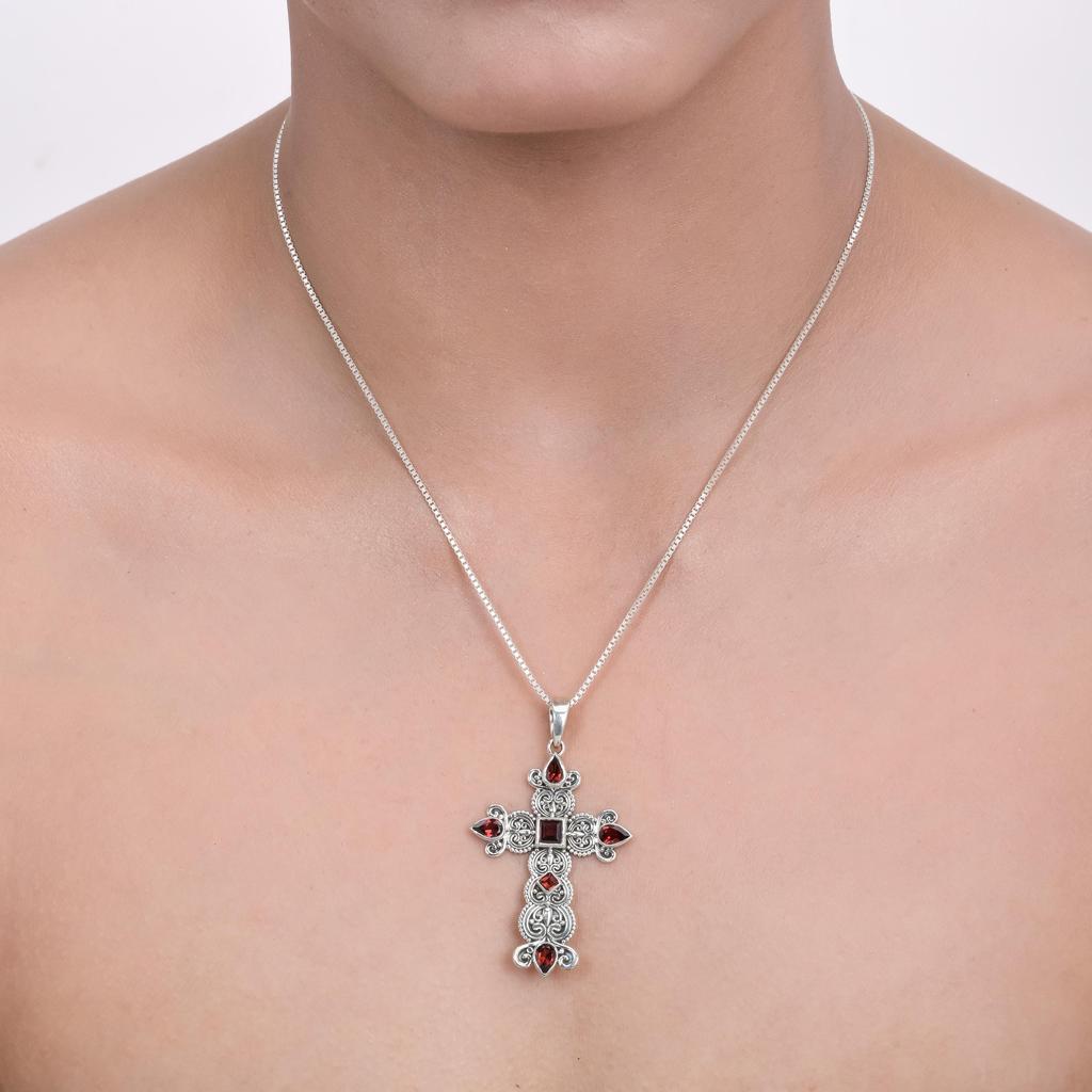 Garnet Cross Pendant: Vintage 925 Sterling Silver Religious Jewelry