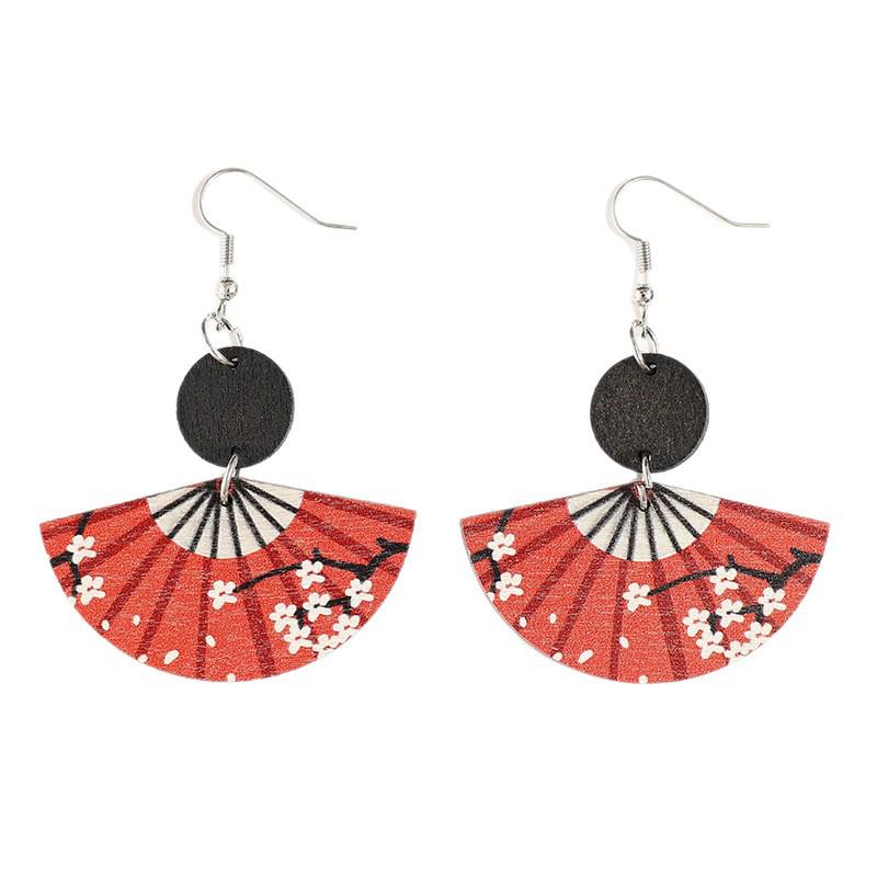 European Retro Patchwork Floral Fan Wooden Earrings