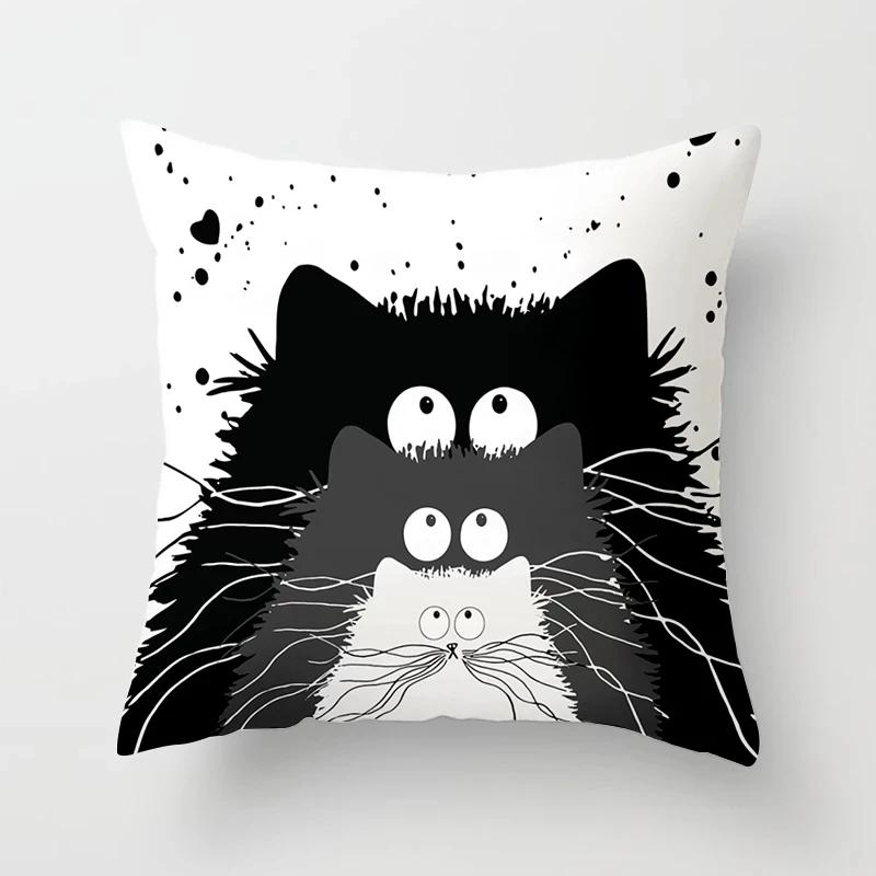 Black and White Funny Cat Cartoon Pillow Sofa Decoration Cushion Cover Car Living Room Bedroom Home Decor