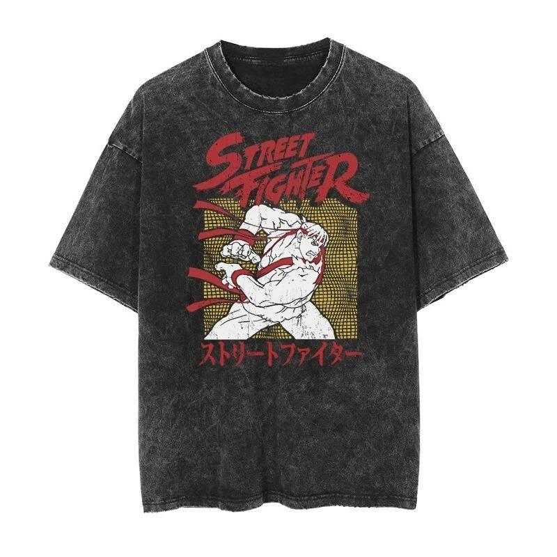 2026 Camiseta Lavada Vintage Street Fighter Jogo Clássico Estampada Harajuku Hip Hop Oversized Manga Curta Masculina Feminina Camisetas Tops Verão