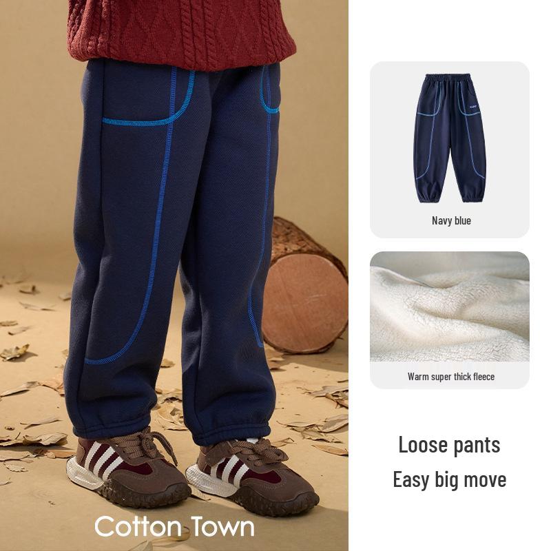 Thick Fleece Lined Cotton Pants for Kids - Warm Autumn/Winter Long Pants for Boys & Girls 110cm Waist 53cm