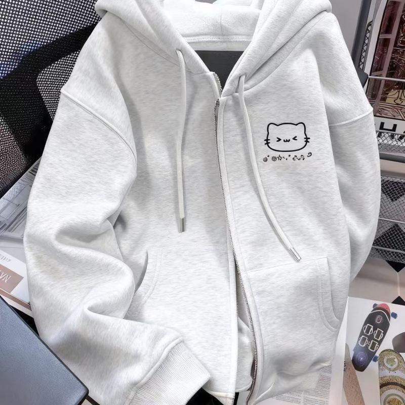 Velvet Cat Print Zipper Hoodie - Unisex Autumn/Winter Design for Middle School Students