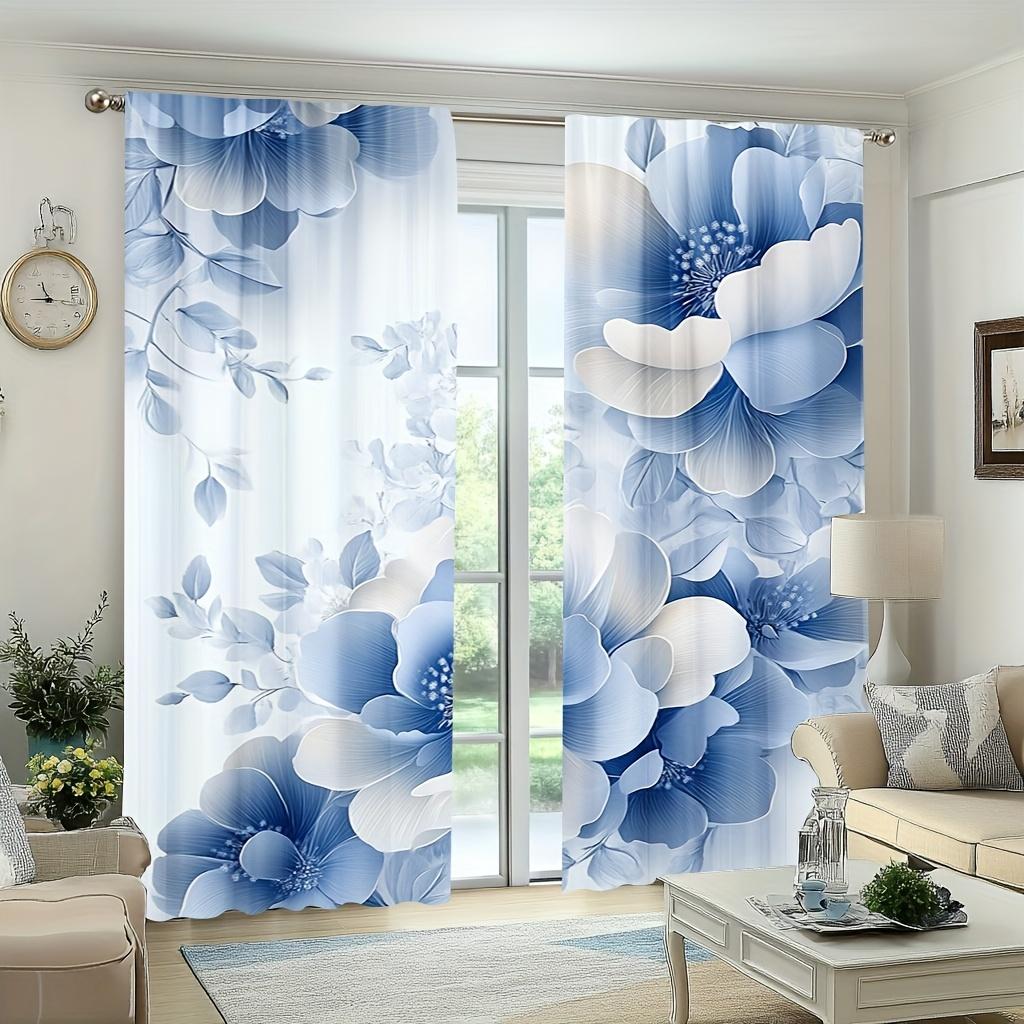 2 Panels Blue and White Floral Print Door Curtains - Polyester Fabric for Living Room, Kitchen, Office, Bedroom