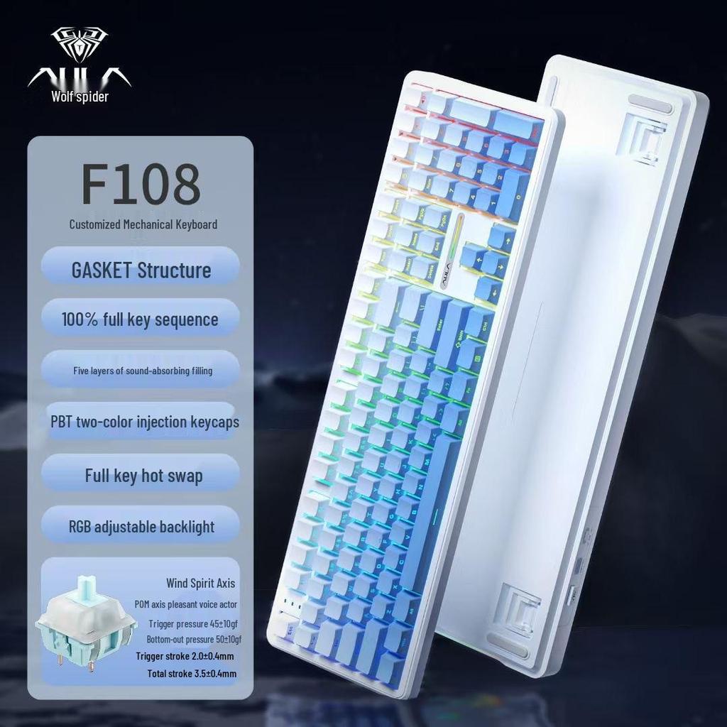 Tarantula F108pro Kabellose Bluetooth-Mechanische Esports-Tastatur mit drei Modi und Anpassungsoptionen: Farbverlauf, Heiß-Swap-fähig, Seitenbedruckt.