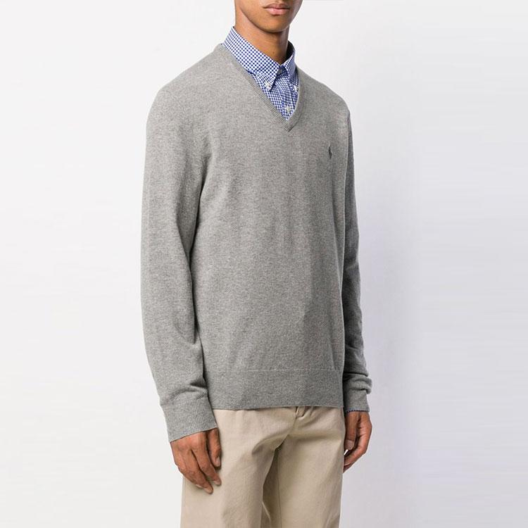 Polo Ralph Lauren FW21 V-Neck Logo Pattern Solid Pullover Long Sleeve Sweater Men sweater Gray 710667377-001
