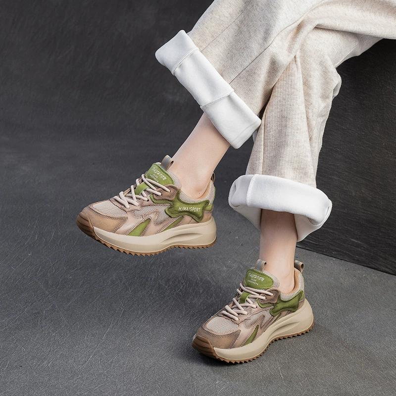 GKTINOO Women Genuine Cow Leather Sneakers Thick Soled Lace-Up Spring Autumn Lady Casual Flat Shoes Lightweight Women Shoes