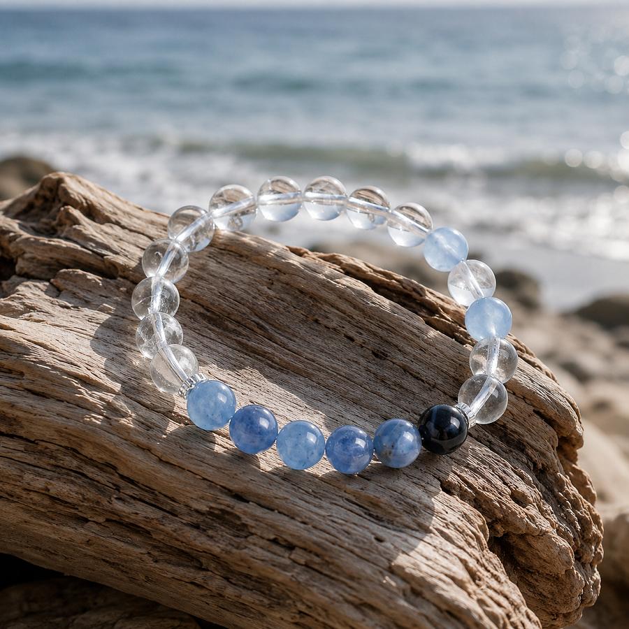 Glacier Ombre Healing Crystal Bracelet, Natural Aquamarine Kyanite & Blue Tiger Eye Bead Bracelet, Mindful Ocean Aesthetic Jewelry Gift