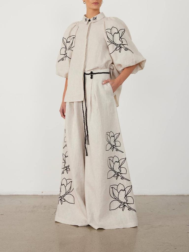 High-End Fashionable Cotton Linen Embroidery Wide-Leg Pants Suit for Women