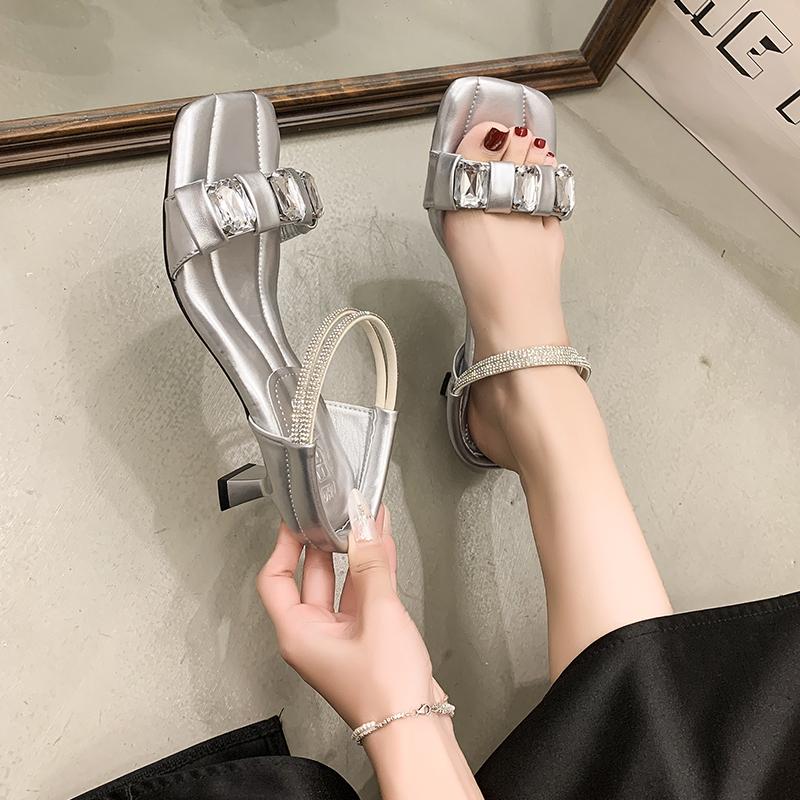 New Style Slippers Summer Square Head Shallow Mouth Crystal Metal Buckle Transparent Strap Non-slip High-heeled Sandals