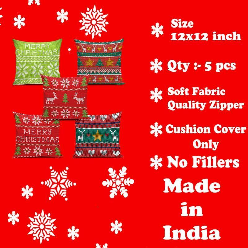 Decorative Printed Merry Christmas Theme Cushion Cover Xmas Decorations for Sofa Living Room Set of 5 12 X 12 Inch Multi