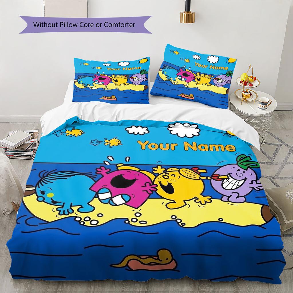 Mr. Men Little Miss Custom Name Pattern Bedding,Quilt Set Quilt Cover Pillowcase Home Birthday Gift(1 * duvet cover + 2 * pillowcase, without core)
