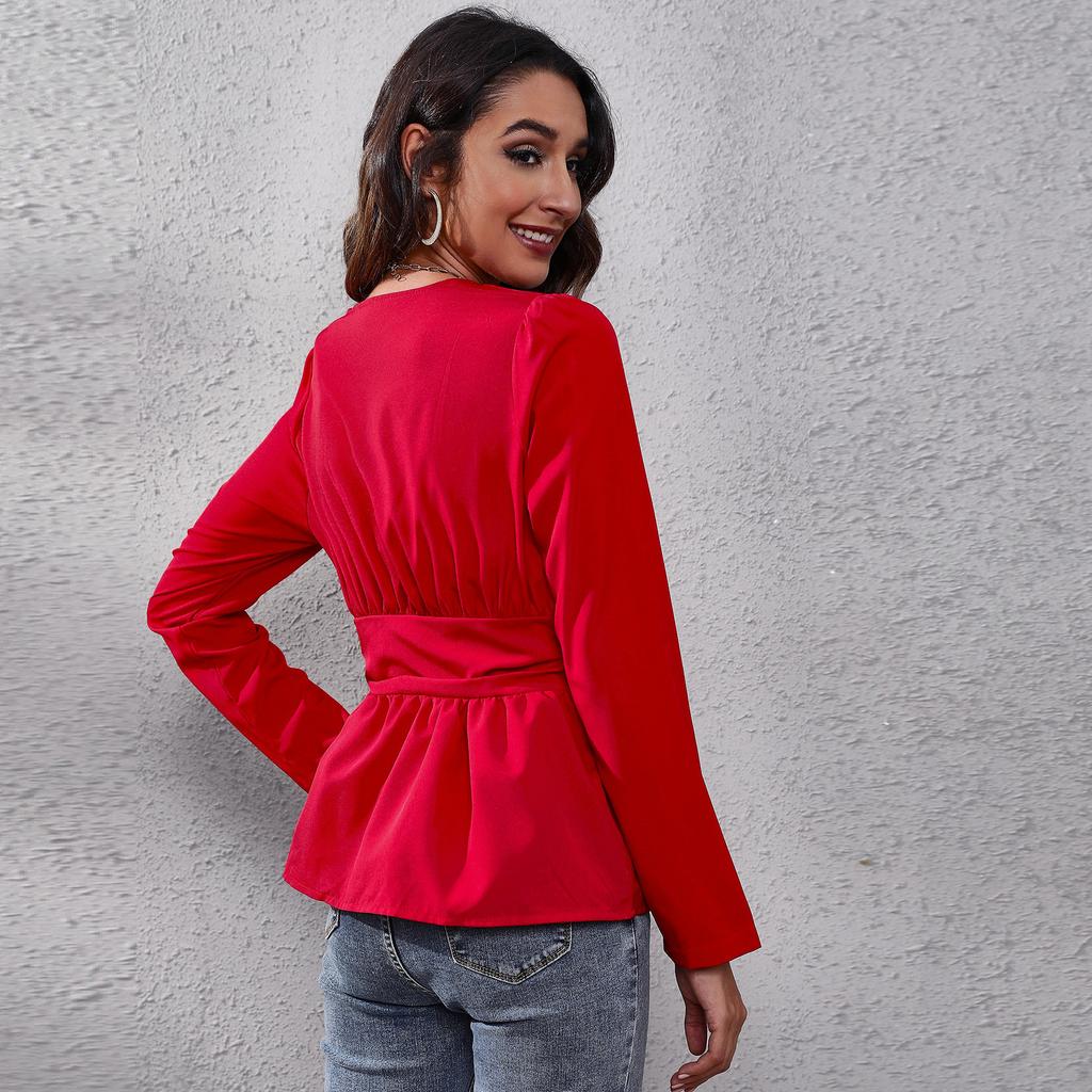 BITCED V Collar Waist Slim-fit Puffy Sleeve Top for Women Chiffon for Women