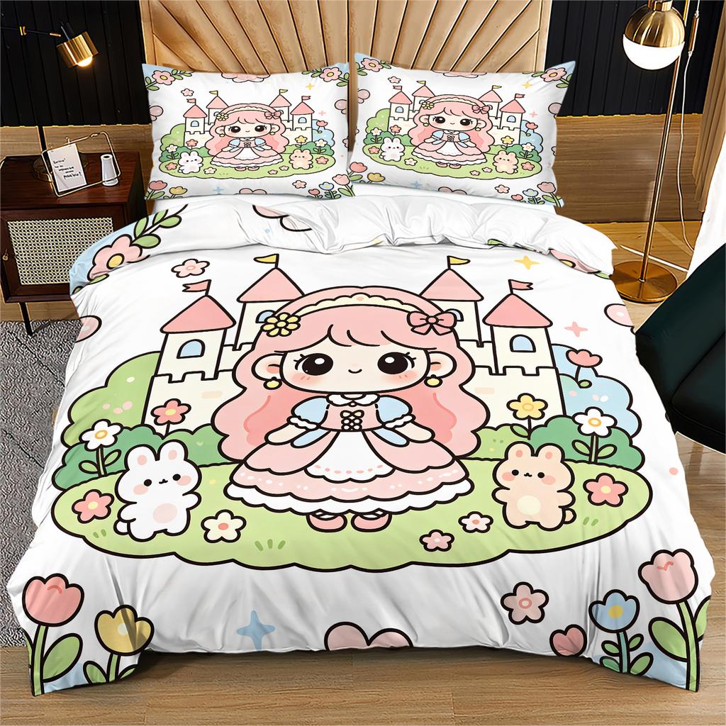 Pink Cartoon Princess Castle Floral Duvet Cover Set Comforter Cover Bedding Set No Filler HD Print Soft Bedroom Bed Cover