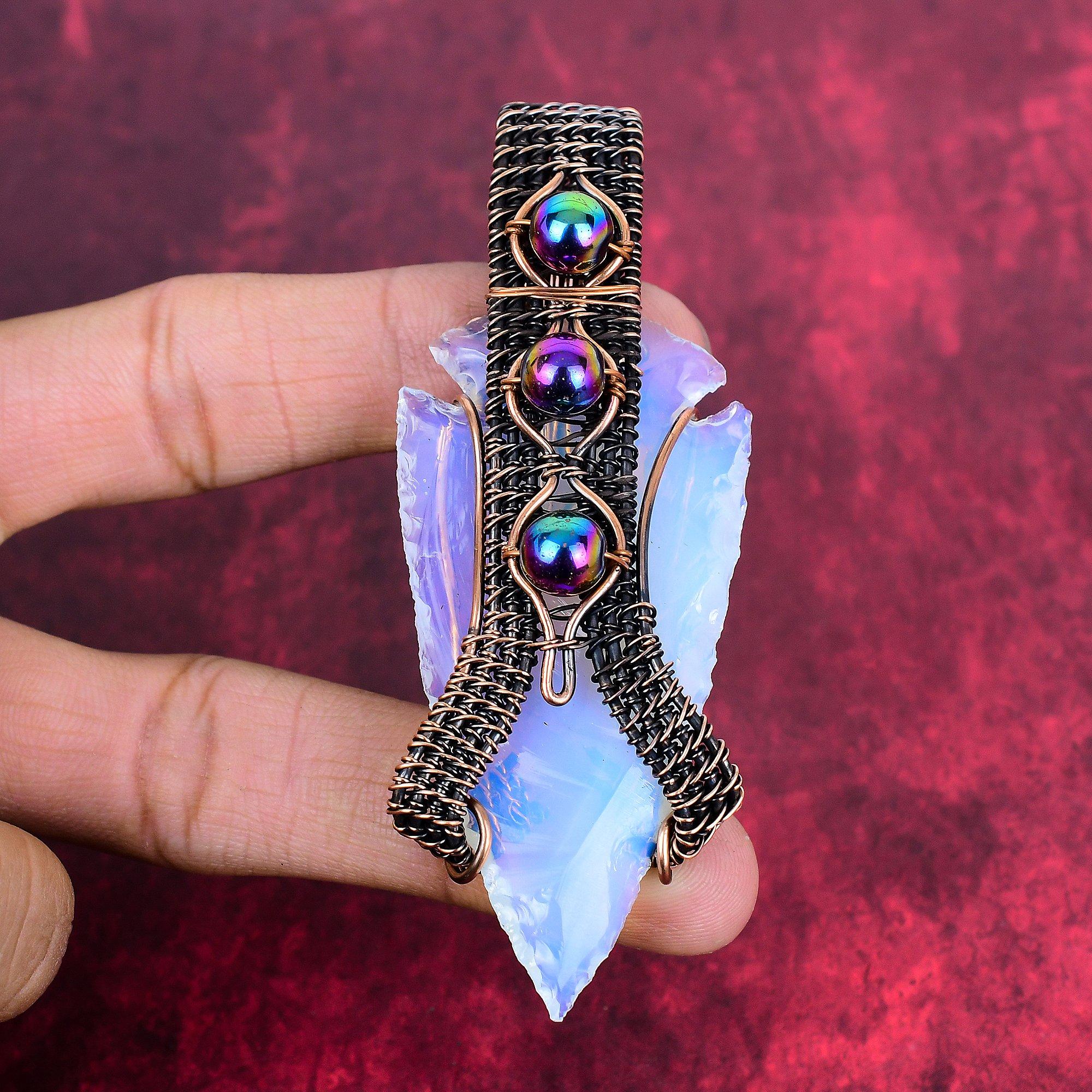 

Milky opal rough pendant copper wire wrapped pendant handmade jewelry titanium beads pendant gemstone pendant for gifts knife shell pendant