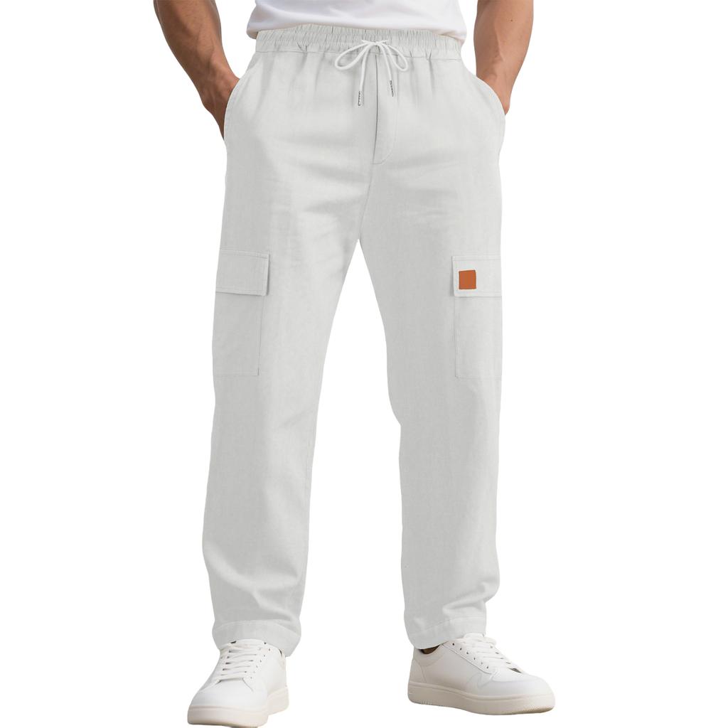 Herren Leinen Cargo Hose Elastischer Kordelzugbund Leichte Sommer Strandhose Einfarbig Lässige Gerade Hose
