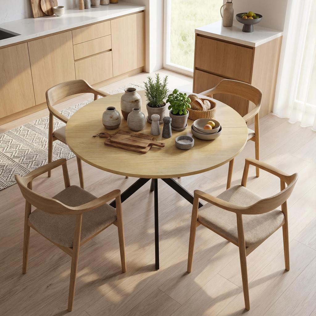 Round Dining Table for 4, 100 cm, Wood-Effect Top, Crossed Oak Steel Base