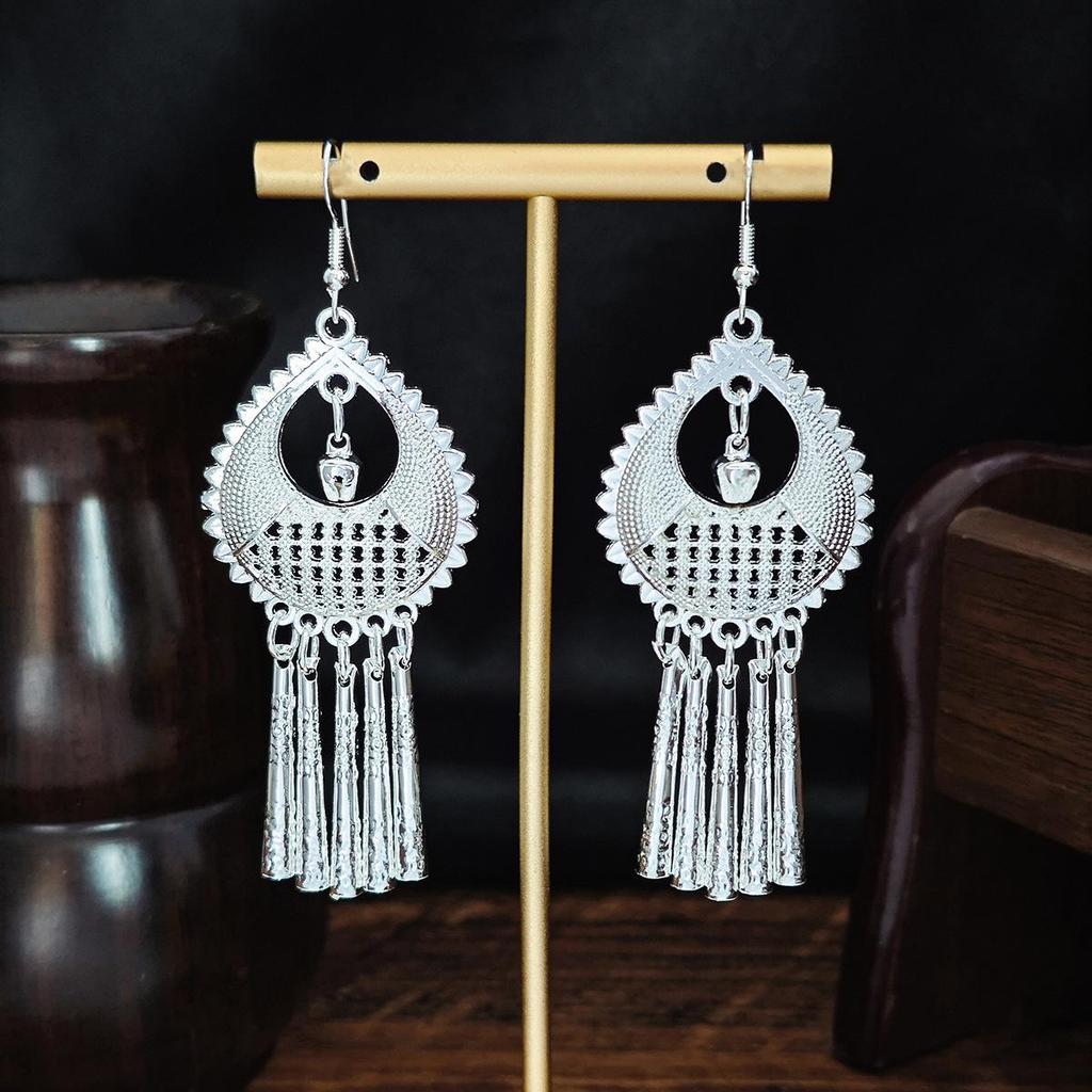 Imitation Miao Silver Ethnic Long Leaf Tassel Dangle Earrings
