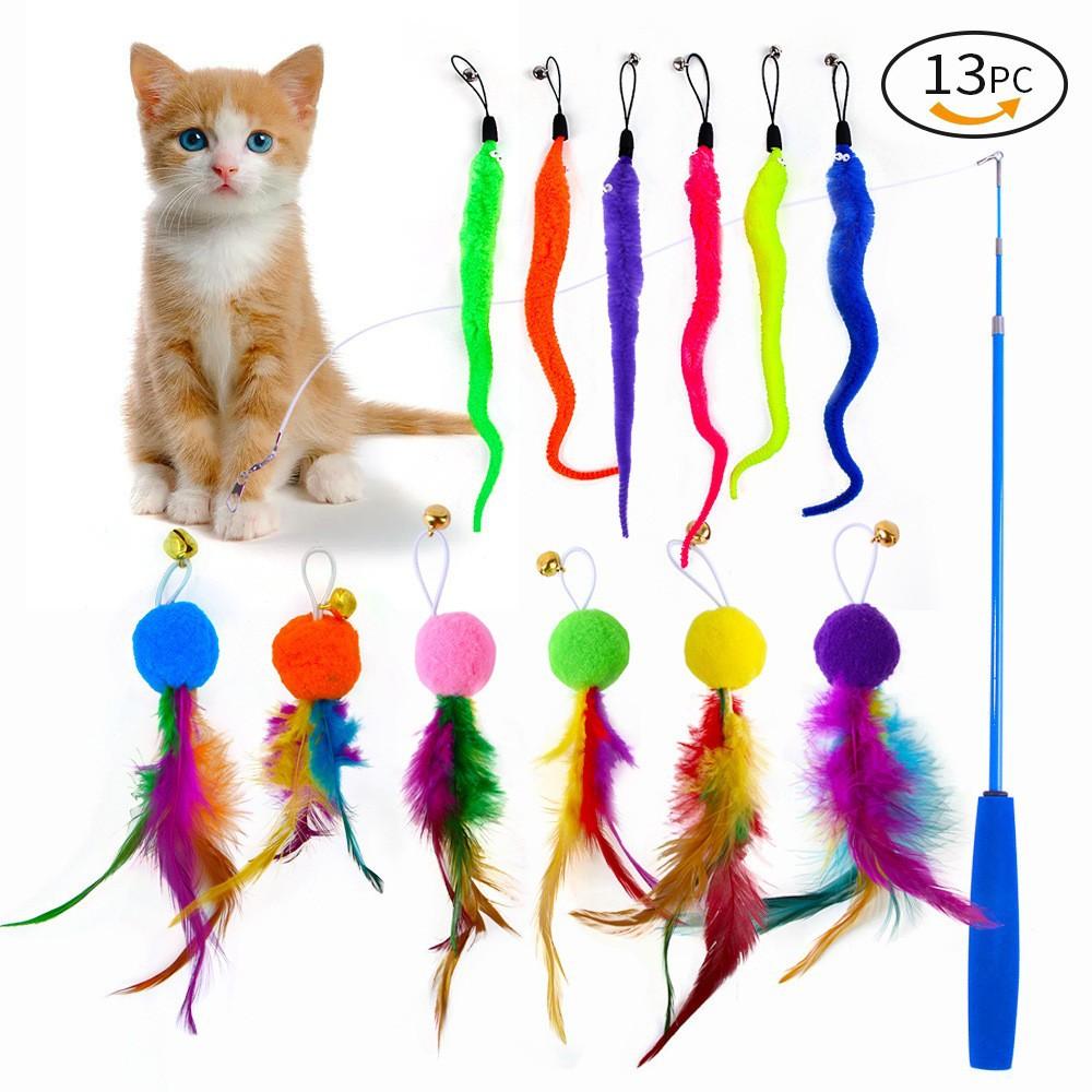 Interchangeable Eco-Friendly Cat Teaser Wand Set Fluffy & Feather Refills Extendable Bounce Rod Chew-Proof Plush Kittens Toy