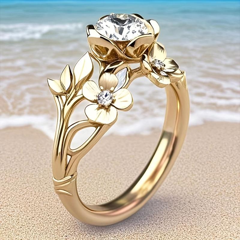 Luxurious Elegant Floral Ring for Women Gold Color Flower Design with Accents Perfect Gift for Birthdays Anniversaries Holidays