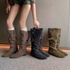 Western cowboy boots pointed niche button two wear new medium boots design stack with suede V retro