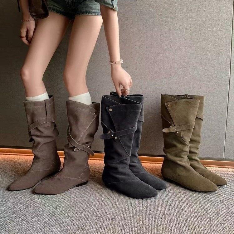 Western cowboy boots pointed niche button two wear new medium boots design stack with suede V retro