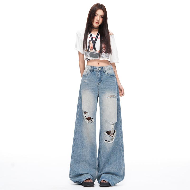 American retro ripped jeans women's new European and American personality high waist loose straight mopping wide leg pants