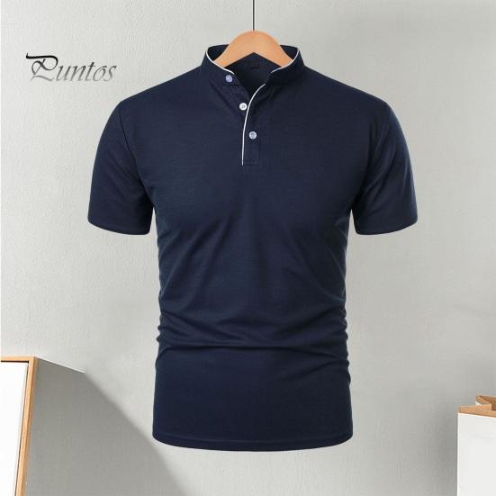 Koszulka męska z krótkim rękawem, kołnierzyk typu half-stand, jednolity kolor, swobodna, prosta, regularna, dopasowana, do uprawiania sportu, podróżowania, biura, codziennego noszenia