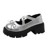 Silver High Heels Platform Pumps Women 2024 Autumn Bowtie Crossed Straps Mary Jane Shoes Woman Pu Leather Thick Heeled Jk Shoes