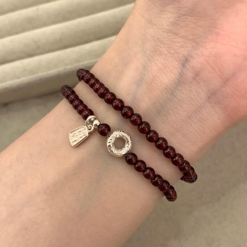 Natural Garnet Double Wrap Bracelet Women Boho Chic Minimalist Jewelry Lightweight Luxury Accessory 4mm Beads Double-loop Garnet Wealth Attracting Bracelet 4mm