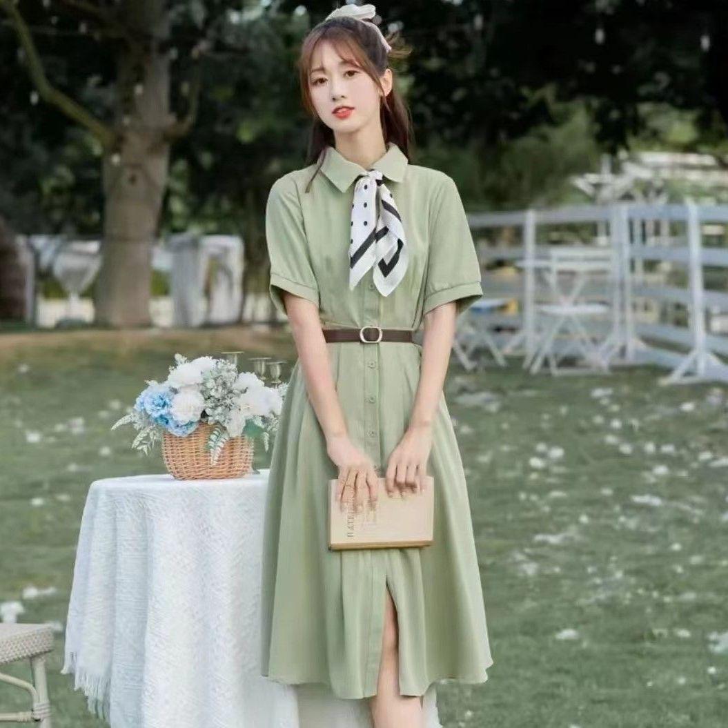 

2026 Summer French Waist-Cinching Campanula Dress - Sweet, Fresh Long Skirt for Students S зелёный