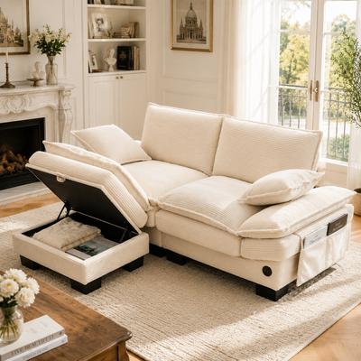 Modułowa 2-osobowa sofa z sztruksu ze pufą, szerokie siedzisko, ergonomiczny design, wyściółka z pianki o wysokiej gęstości, port USB-C, boczne kieszenie. Beżowy