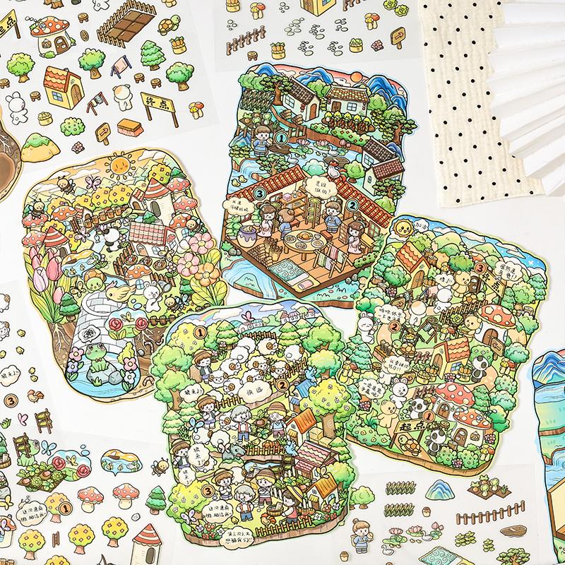 3Pcs Scenes Cartoon Landscape Sticker Pack Forest Village DIY 3D Stickers Cabin Scene Pocket Birthday Gift for Kid Child Student
