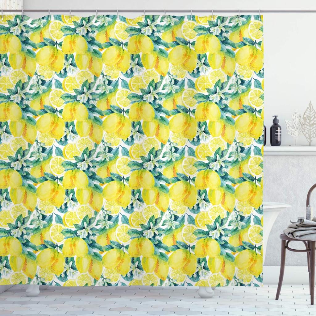 Lemon and Green Leaf Pattern Waterproof Polyester Shower Curtain 180x180cm - Fresh Citrus Fruit Print Bath Curtain with Hooks