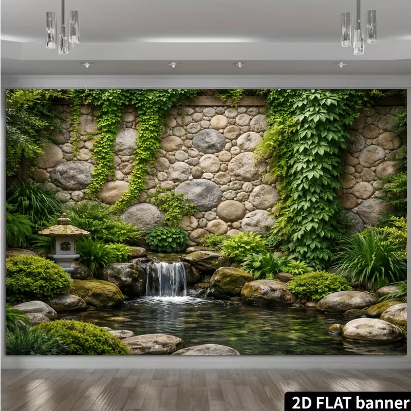 2D Serene Japanese Zen Garden Waterfall Photography Background