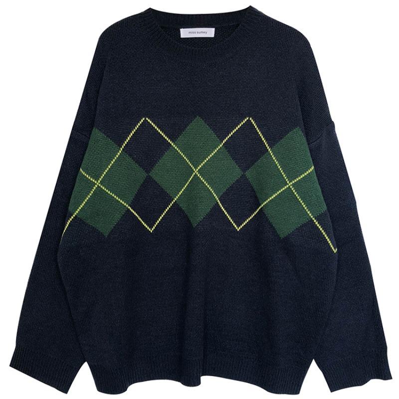 Loose and casual all-match rhombic pattern sweater for outerwear, autumn and winter new thick knit sweater women's top