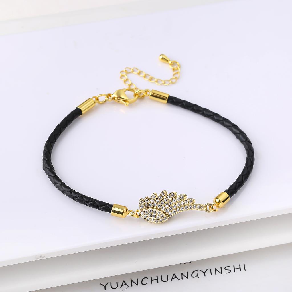 White Cubic Zircon Angel Wings Leather Rope Braided Bracelet for Women Girls Daily Party Lucky Jewelry Fine Birthday Gift