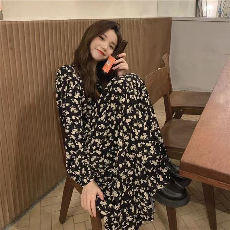 Women's 2024 V-Neck Floral Retro French Tea Break Dress - Autumn/Winter Collection