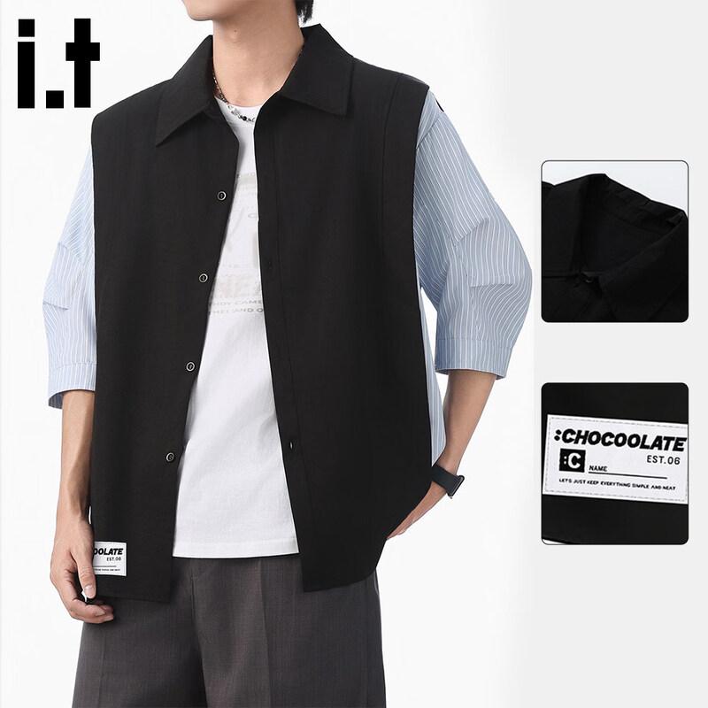 CHOCOOLATE Men s Spliced Faux Two-Piece Short Sleeve Shirt XL