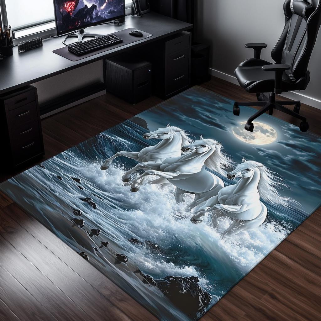 White horses moon night ocean rug fantasy art living room carpet magical animal print floor mat dreamy home decor