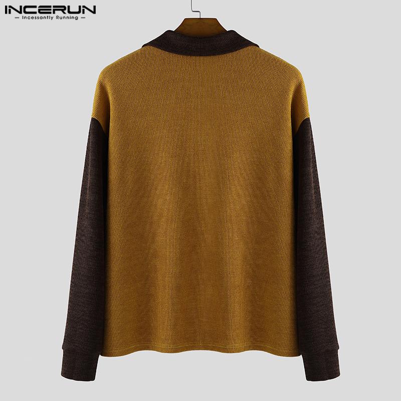 INCERUN Autumn Men Zip-up Lapel Long Sleeve Stitching Rib Knitted Pullovers Tops