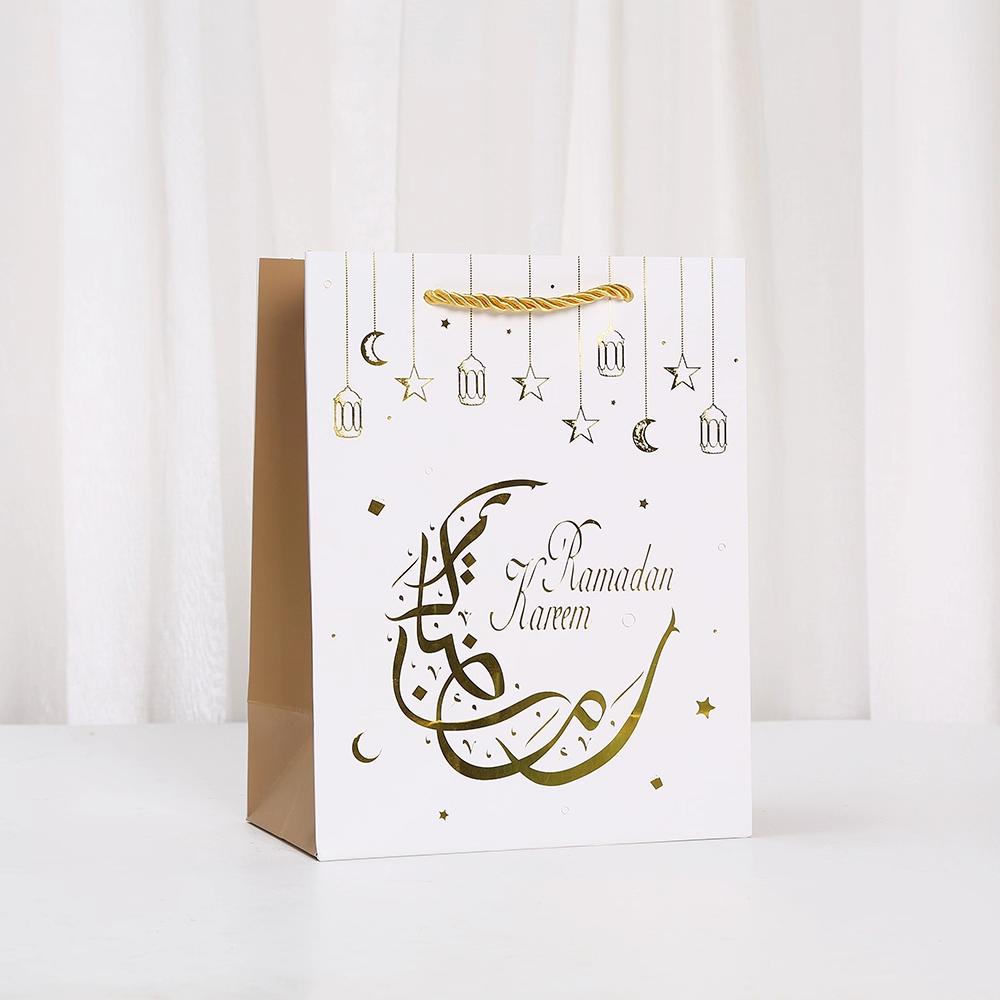 12pcs Ramadan Kareem Paper Tote Bags Islamic Gift Bags with Gold Foil Lantern Crescent Designs for Gifts