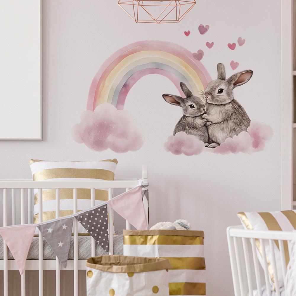 Watercolor Rainbow Couple Bunnies Wall Sticker Romantic Whimsical Self-Adhesive Removable Decor for Bedroom Living Room Home Background
