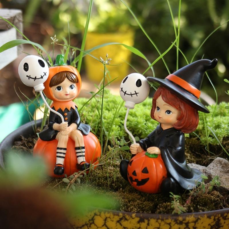 2Pcs Halloween Decors Handcrafted Witch Holding Ghostly Balloon Resins Figurines Ornaments For Home Festives Display