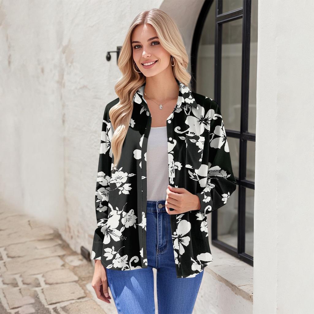 Women's Button Down Prints Shirt Long Sleeve Shirt Business Work Tops Casual With Pockets Jacket
