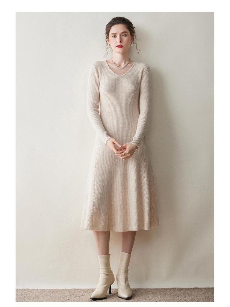 Women's Cashmere V-neck Ribbed A-line Sweater Dress - 2025 Autumn/Winter