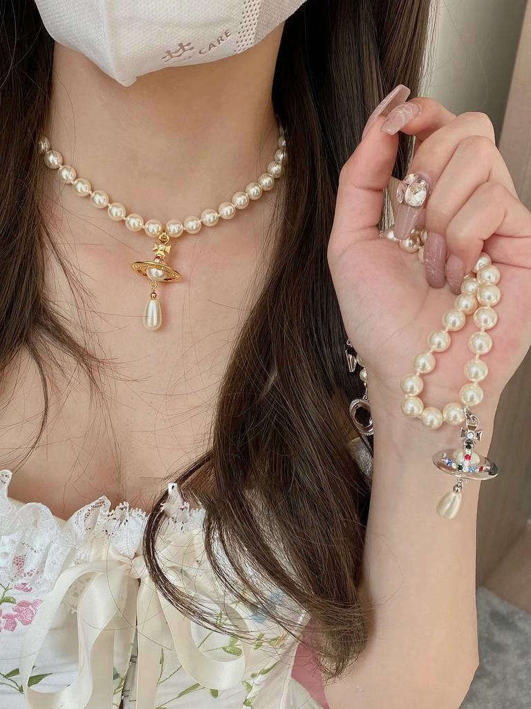 Saturn Pearl Necklace With Cz Microinlay Ushaped Pendant For Elegant Women