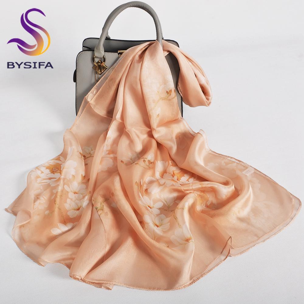 [BYSIFA] Purple 100% Mulberry Silk Scarf Wrap Fall Winter Magnolia Design Long Scarves Shawls Women Spring Summer Beach Shawl