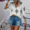 Women V Neck Bohemian Print Three Quarter Sleeve Blouse Loose Fit Casual Pullover Top for Daily and Holiday Wear