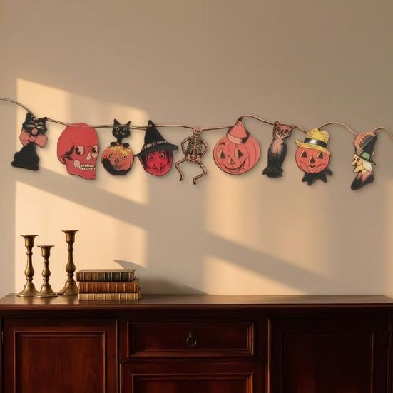 Vintage Halloween Wood Banner Spooky Pumpkin Skull Owl Witch Black Cat Hanging Bunting Garland for Farmhouse Horror Party Wall Decor